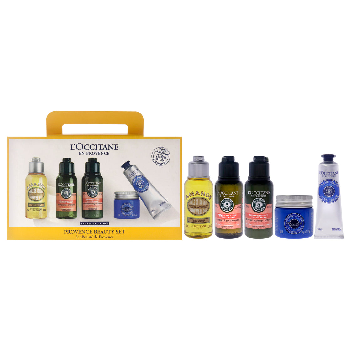 En Provence Travel Set by LOccitane for Unisex - 5 Pc 2.5oz Almond Shower Oil, 2.5oz Intensive Repair Shampoo, 2.5oz Intensive Repair Conditioner, 1.7oz Shea Butter Ultra Rich Body Cream, 1oz Shea Butter Dry Skin Hand Cream