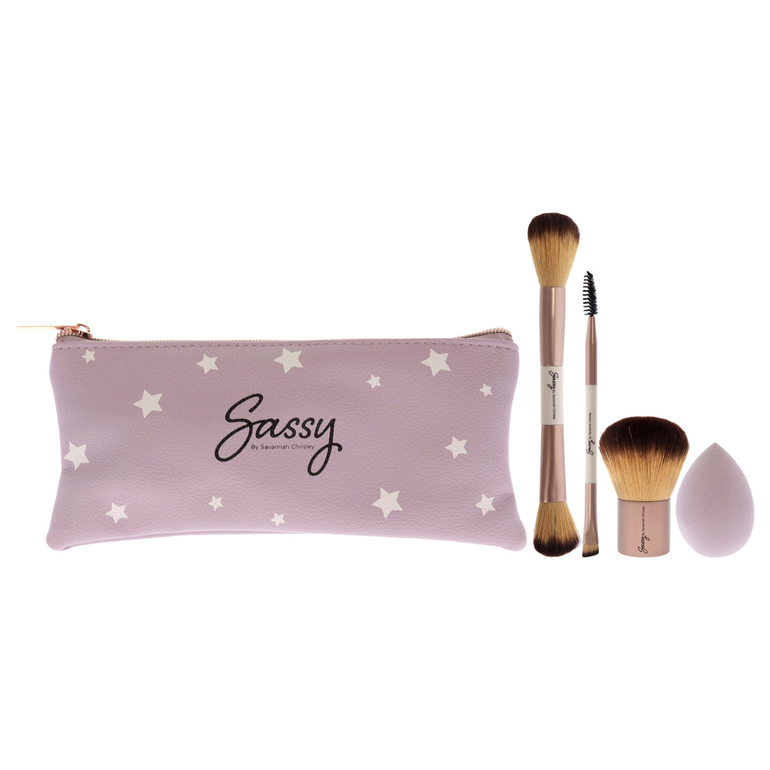 Sassy Brush Kit by Savannah Chrisley for Women - 5 Pc Multi-Purpose Fase Brush - F04, Kabuki Brush - F05, Precision Eye and Brow Brush - E04, Blending Sponge, Bag