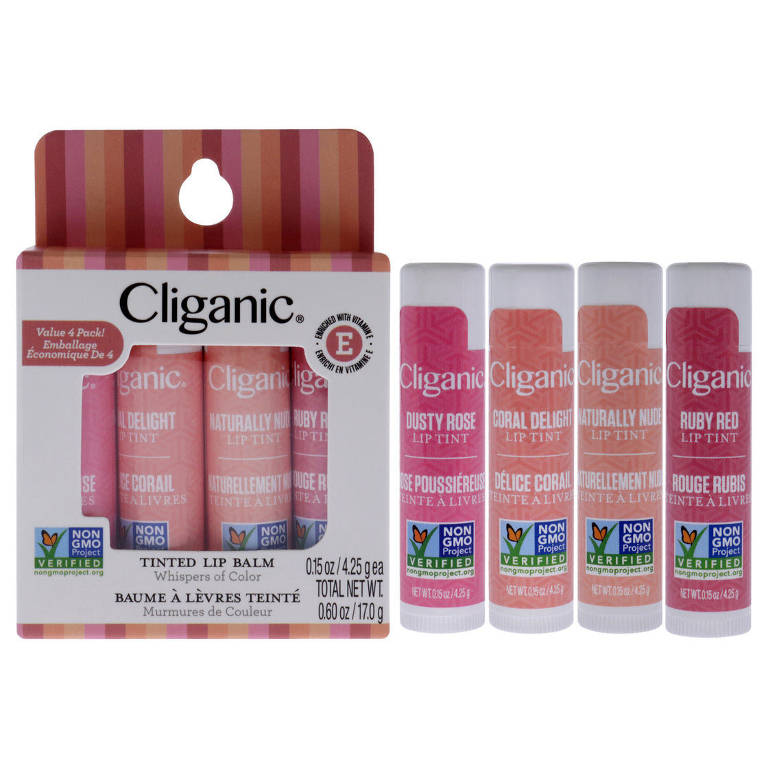 Non-GMO Tinted Lip Balm by Cliganic for Unisex - 4 Pc 0.15oz Lip Tint - Ruby Red, Lip Tint - Dusty Rose, 0.15oz Lip Tint - Coral Delight, 0.15oz Lip Tint - Naturally Nude