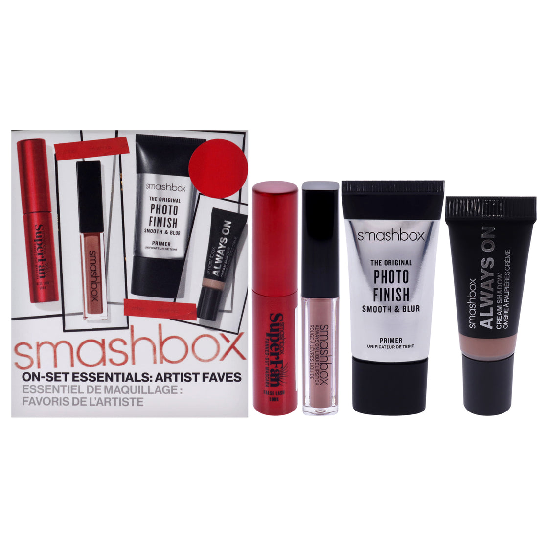 On-Set Essentials Artist Faves by SmashBox for Women - 4 Pc 0.34oz The Original Photo Finish Smooth Plus Blur Primer, 0.17oz SuperFan Mascara, 0.17oz Always On Cream Shadow - Rose, 0.03oz Always On Liquid Lipstick - Stepping Out