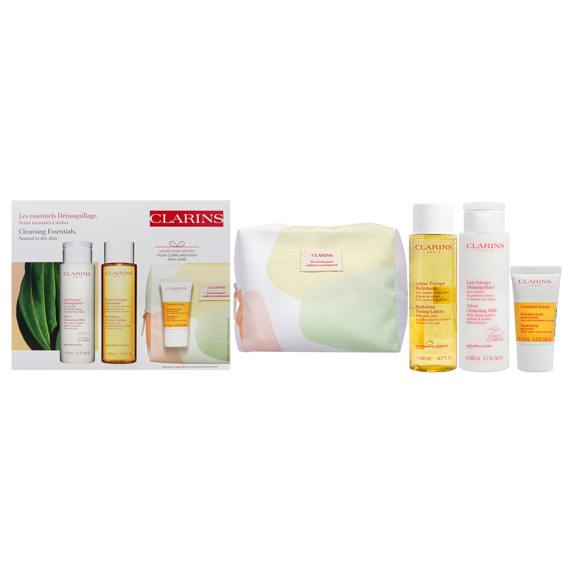 Cleansing Essentiels Set - Normal to Dry Skin by Clarins for Women - 4 Pc 6.7oz Velvet Cleansing - Milk, 6.7oz Hydrating Toning Lotion, 0.4oz Comfort Scrub, Beauty Purse