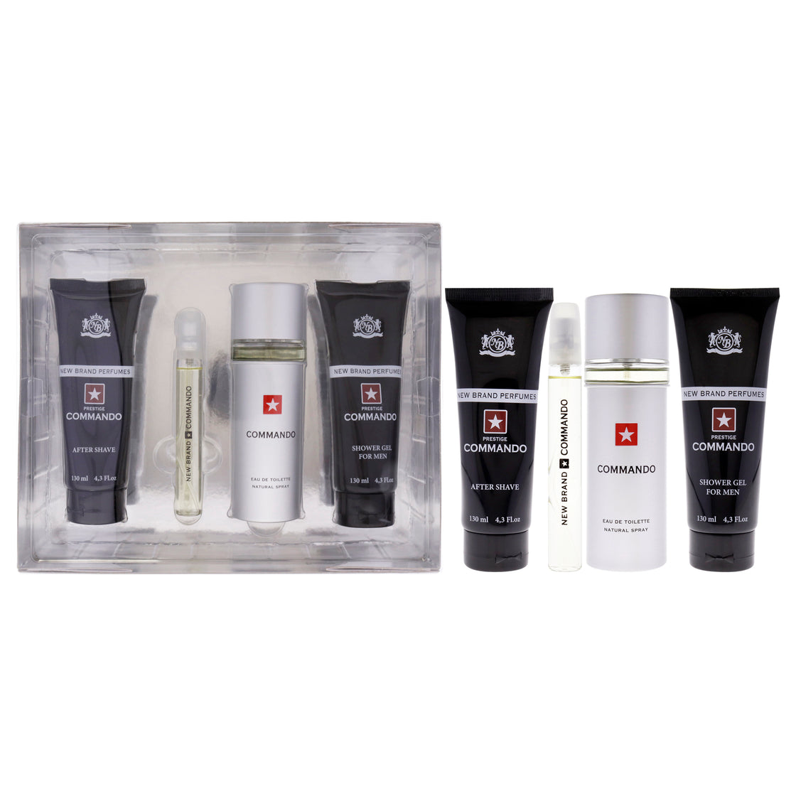 Prestige Commando by New Brand for Men - 4 Pc Gift Set 3.3oz EDT Spray, 0.5oz EDT Spray, 4.3oz Shower Gel, 4.3oz After Shave