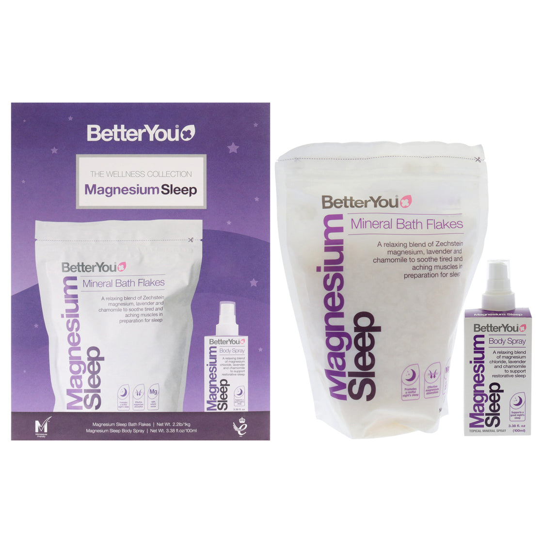 The Wellness Collection - Magnesium Sleep by BetterYou for Unisex - 2 Pc 3.38oz Body Spray, 35.2oz Bath Salt