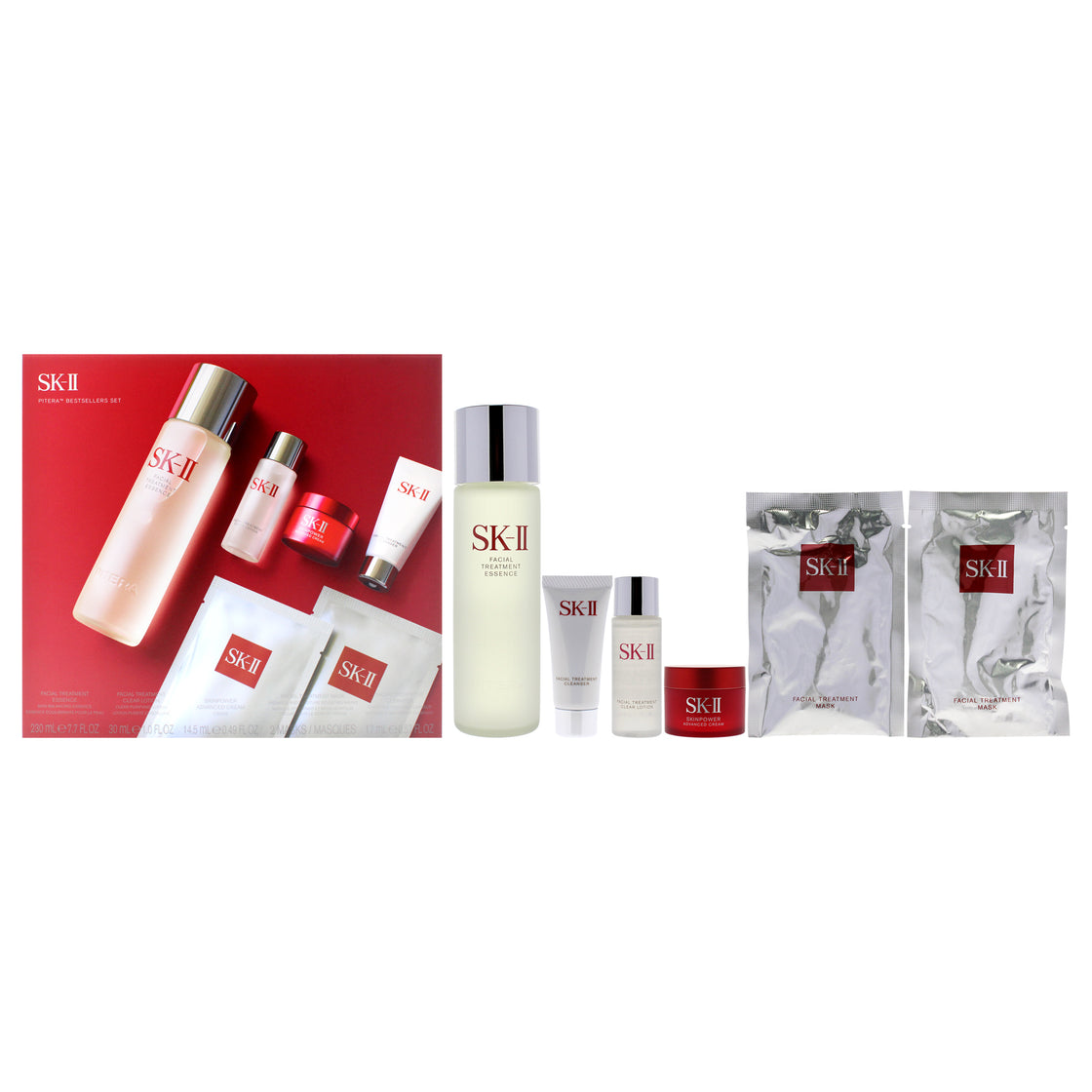 Pitera Bestsellers Set by SK-II for Unisex - 6 Pc 7.7oz Facial Treatment Essence, 1oz Facial Treatment Clear Lotion, 0.4oz Skinpower Cream, 2 Facial Treatment Mask, 0.5oz Facial Treatment Cleanser