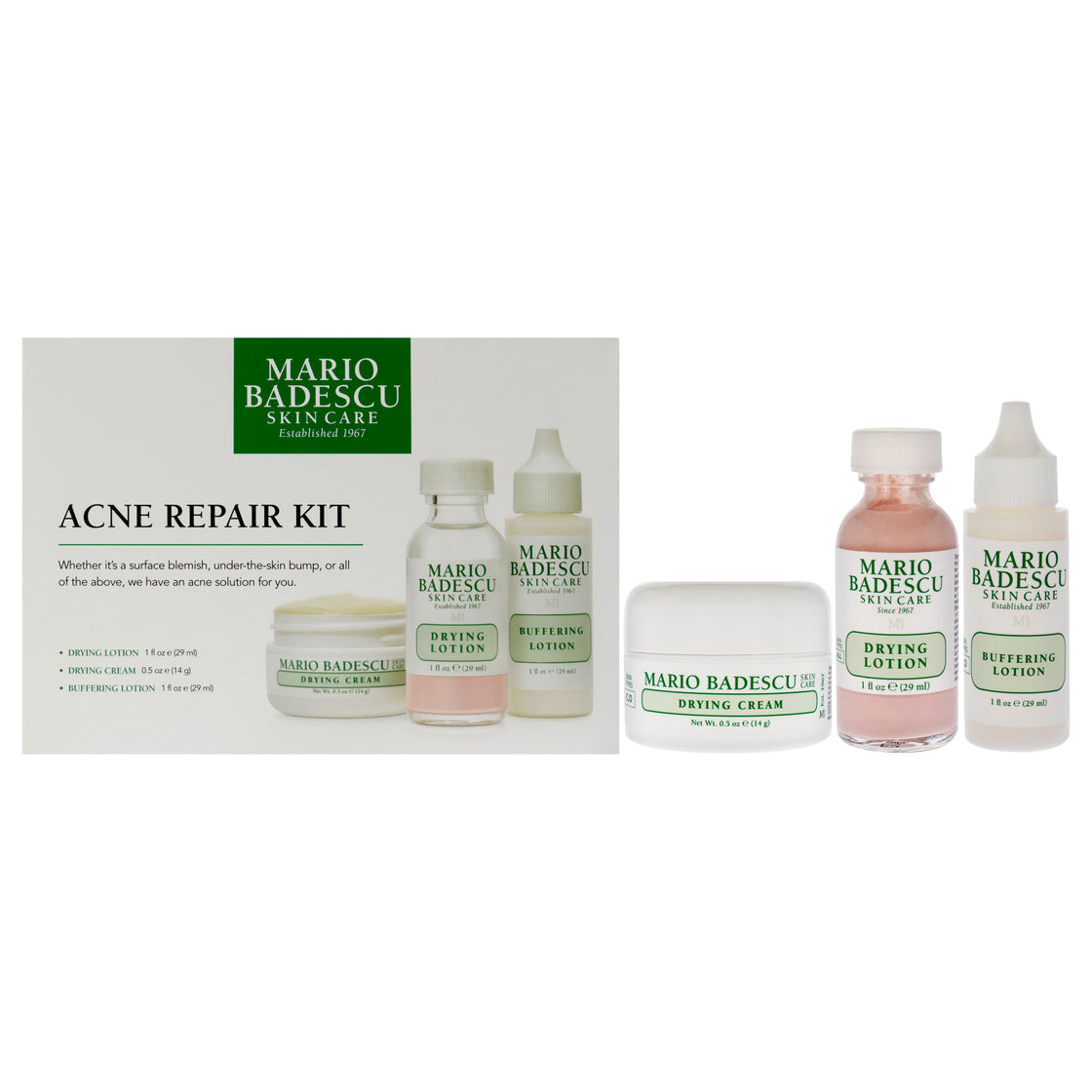 Acne Repair Kit by Mario Badescu for Unisex - 3 Pc 1oz Drying Lotion, 1oz Buffering Lotion, 0.5oz Drying Cream