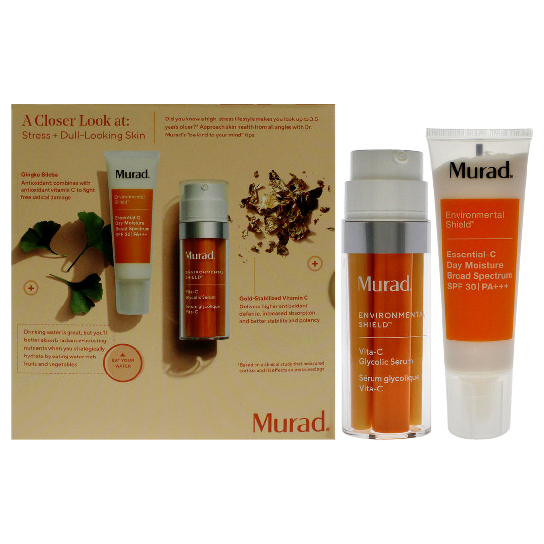 Under The Microscope The Power Brighteners Kit by Murad for Women - 2 Pc 1oz Vitamin C Glycolic Serum, 1.7oz Essential C Day Moisture SPF 30