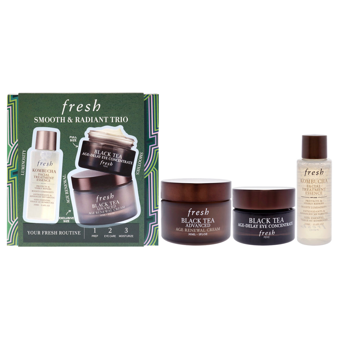 Smooth And Radiant Trio by Fresh for Women - 3 Pc 0.6oz Facial Treatment Essence - Kombucha, 0.5oz Age Delay Eye Concentrate - Black Tea, 1oz Advanced Age Renewal Cream - Black Tea