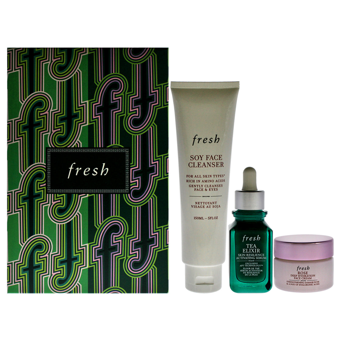 Resilient Hidrated Skin Trio by Fresh for Women - 3 Pc 5oz Soy Face Cleanser, 1oz Elixir Skin Resilience Activating Serum - Tea, 0.5oz Deep Hidration Face Cream - Rose