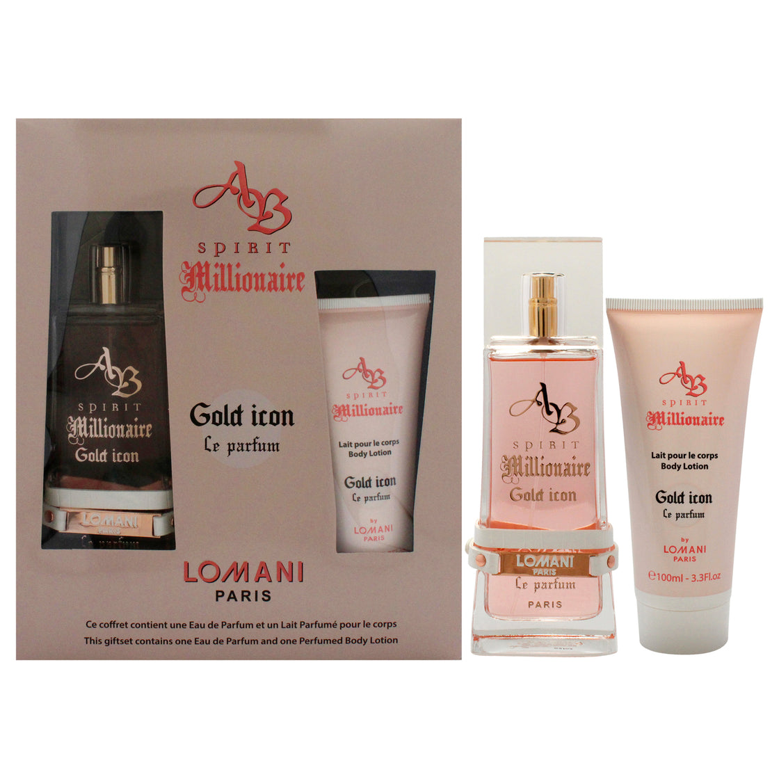 AB Spirit Millionaire Le Parfum Gold Icon by Lomani for Women - 2 Pc Gift Set 3.3oz EDP Spray, 3.3oz Body Lotion