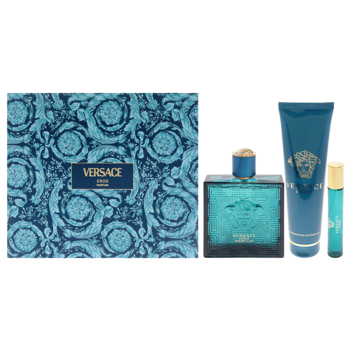 Versace Eros by Versace for Men - 3 Pc Gift Set 3.4oz Parfum Spray, 0.3oz Parfum Spray, 5oz Shower Gel