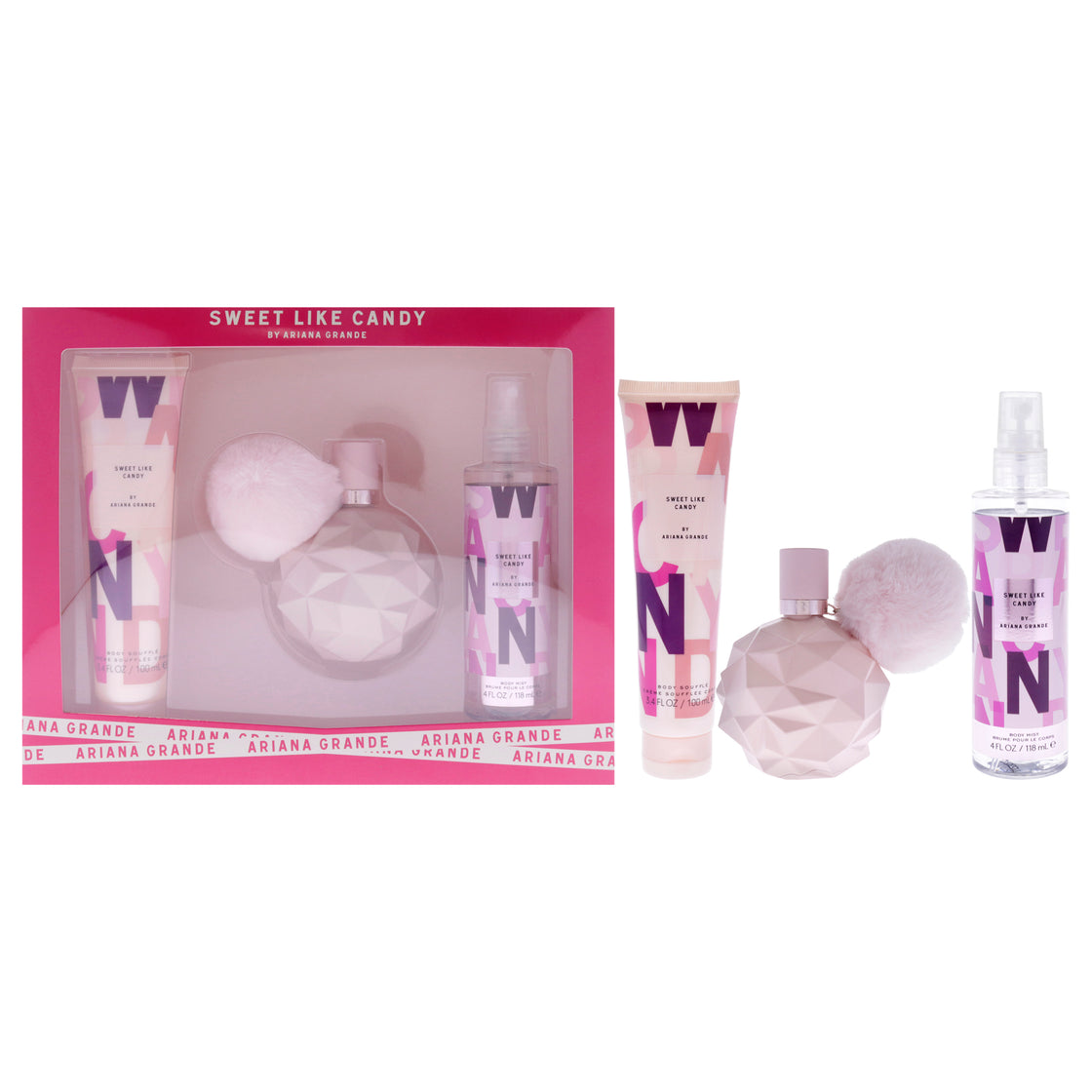 Sweet Like Candy by Ariana Grande for Women - 3 Pc Gift Set 3.4oz EDP Spray, 3.4oz Body Souffle, 4oz Body Mist