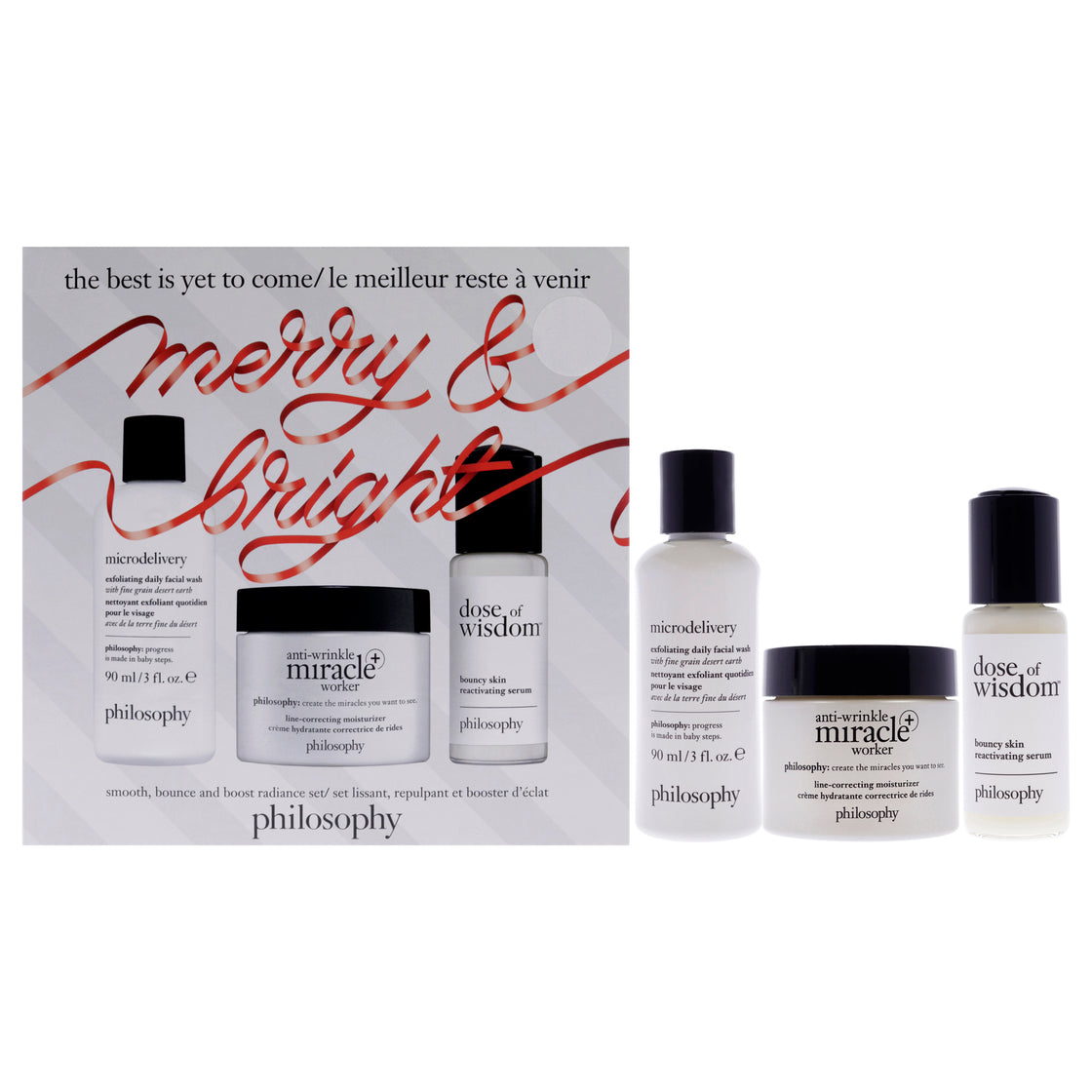 The Best Is Yet To Come Holiday Set by Philosophy for Unisex - 3 Pc Gift Set 3oz Microdelivery Exfoliating Daily Facial Wash, 1oz Dose Of Wisdom Bouncy Skin Reactivating Serum, 2oz Anti-Wrinkle Miracle Worker Line-Correcting Moisturizer