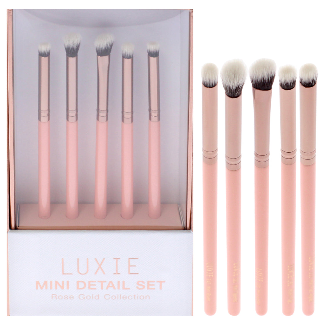 Rose Gold Mini Detail Brush Set by Luxie for Women - 5 Pc Mini Brush - 111 Flat Angeled, Mini Brush - 121 Tapered, Mini Brush - 131 Angeled, Mini Brush - Round, Mini Brush - Flat