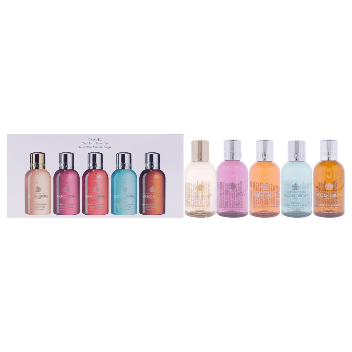 Travel Body Care Collection Set by Molton Brown for Unisex - 5 x 3.3 oz Jasmine and Sun Rose Shower Gel, Fiery Pink Pepper Shower Gel, Heavenly Gingerlily Shower Gel, Coastal Cypress and Sea Fennel Shower Gel, Re-charge Black Pepper Shower Gel.