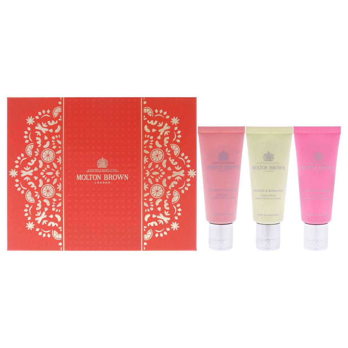 Floral and Spicy Hand Care Set by Molton Brown for Unisex - 3 Pc 1.3oz Fiery Pink Pepper Hand Cream, 1.3oz Orange and Bergamot Hand Cream, 1.3oz Heavenly Gingerlily Hand Cream