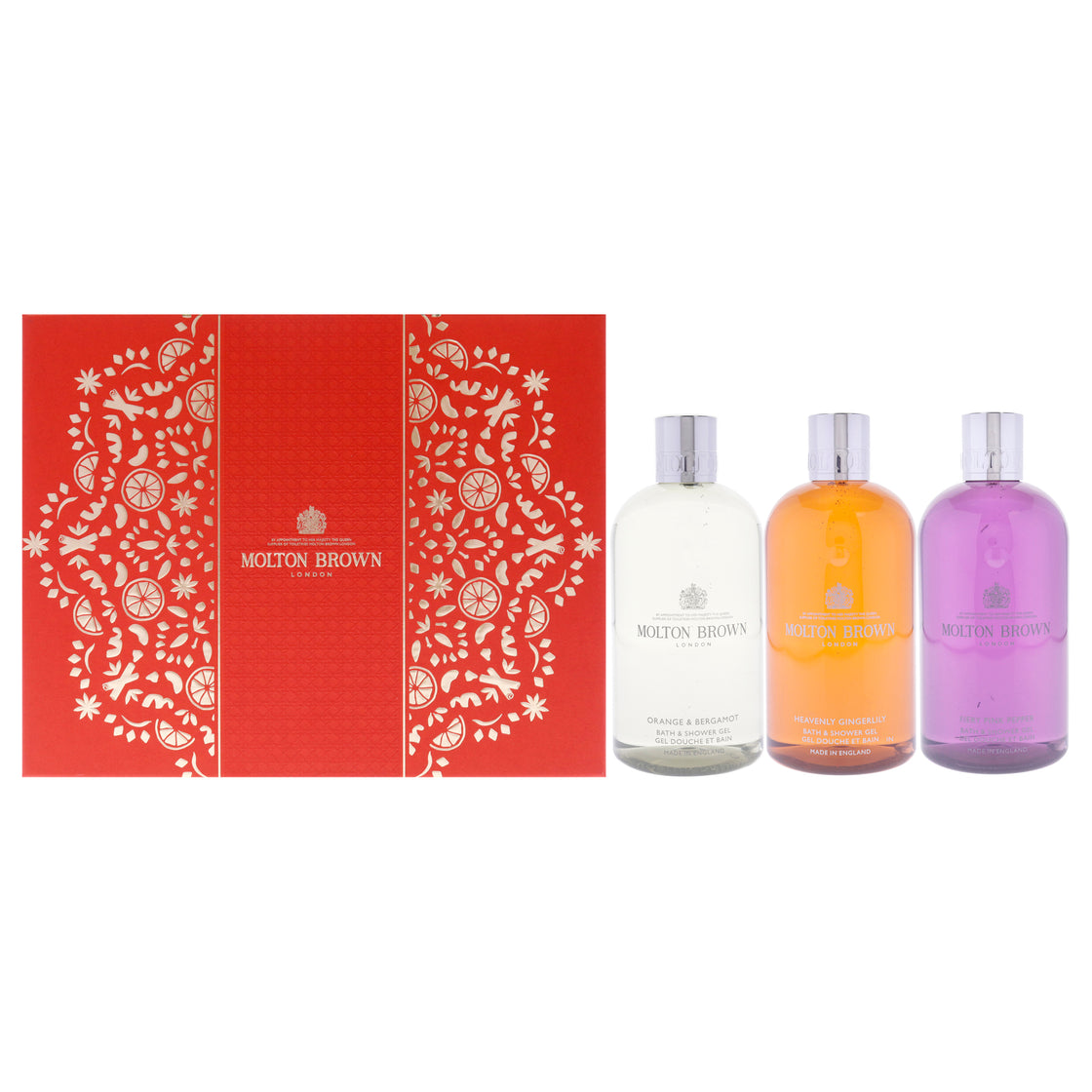 Floral and Spicy Body Care Collection Set by Molton Brown for Women - 3 Pc 10oz Orange and Bergamot Bath and Shower Gel, 10oz Heavenly and Gingerlily Bath and Shower Gel, 10oz Fiery Pink Pepper Bath and Shower Gel