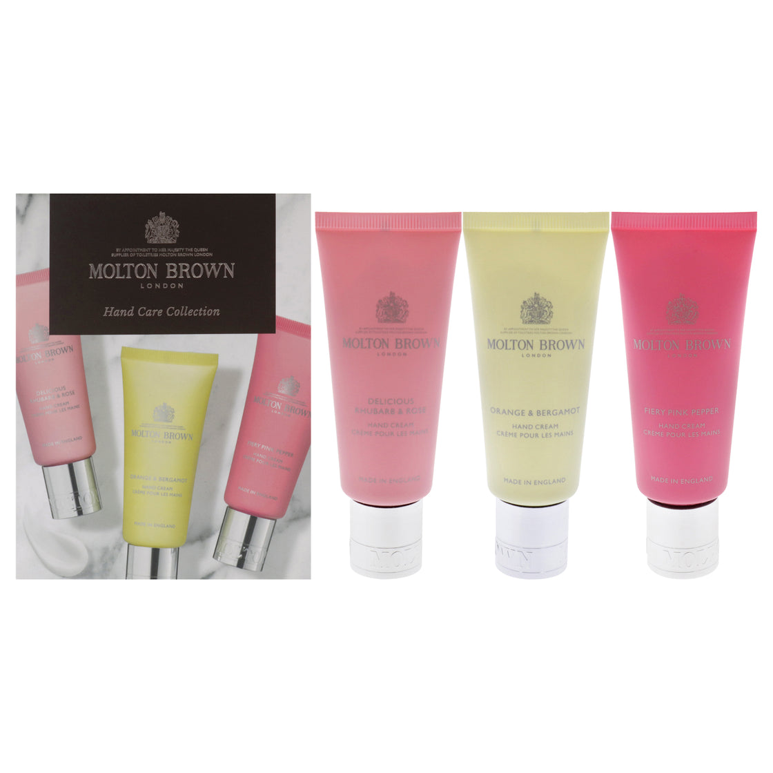 Floral and Spicy Hand Care Collection Set by Molton Brown for Unisex - 3 Pc 1.4oz Delicious Rhubare and Rose Hand Cream, 1.4oz Orange and Bergamot Hand Cream, 1.4oz Fiery Pink Pepper Hand Cream