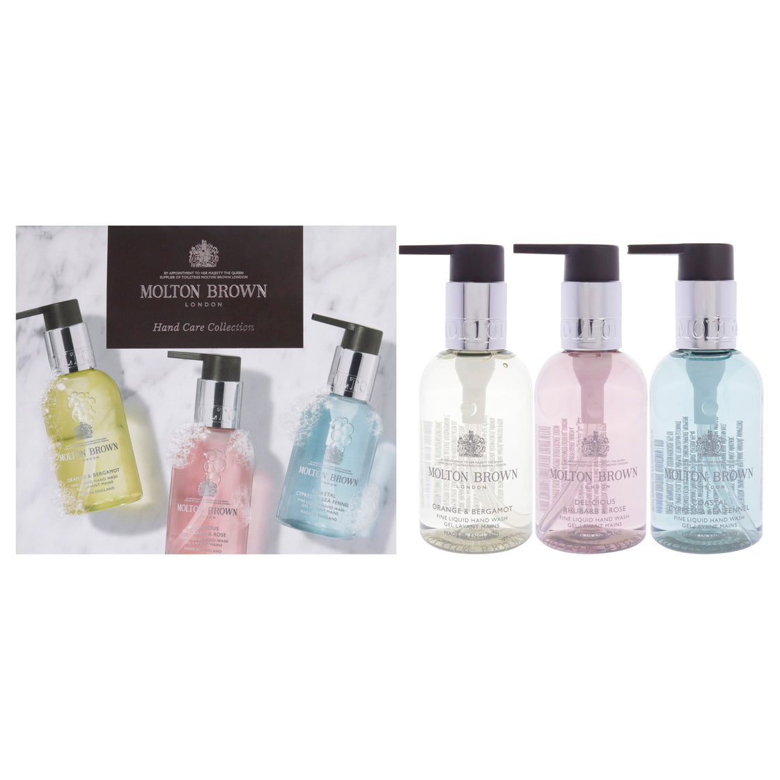 Floral and Aromatic Hand Care Collection Set by Molton Brown for Unisex - 3 Pc 3.3oz Orange and Bergamot Hand Wash, 3.3oz Delicious Rhubare and Rose Hand Wash, 3.3oz Coastal Cypress and Sea Fennel Hand Wash