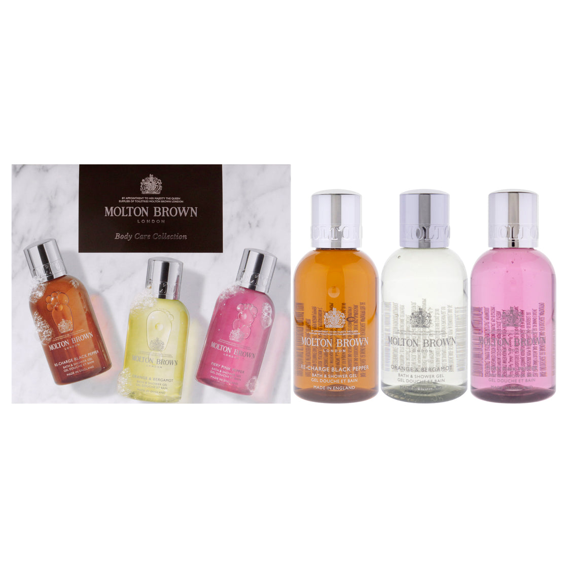 Spicy and Cytrus Body Care Collection Set by Molton Brown for Unisex - 3 Pc 3.3oz Re-Charge Black Pepper Bath and Shower Gel, 3.3oz Orange and Bergamot Bath and Shower Gel, 3.3oz Fiery Pink Pepper Bath and Shower Gel