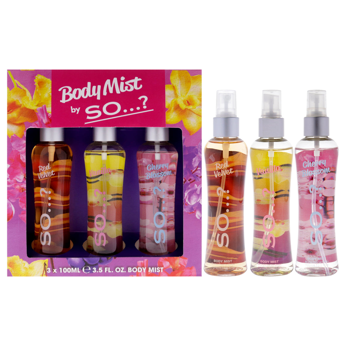 So Body Mist Set by So? for Women - 3 Pc 3.5oz Body Mist - Red Velvet, 3.5oz Body Mist - Vanilla, 3.5oz Body Mist - Cherry Blossom