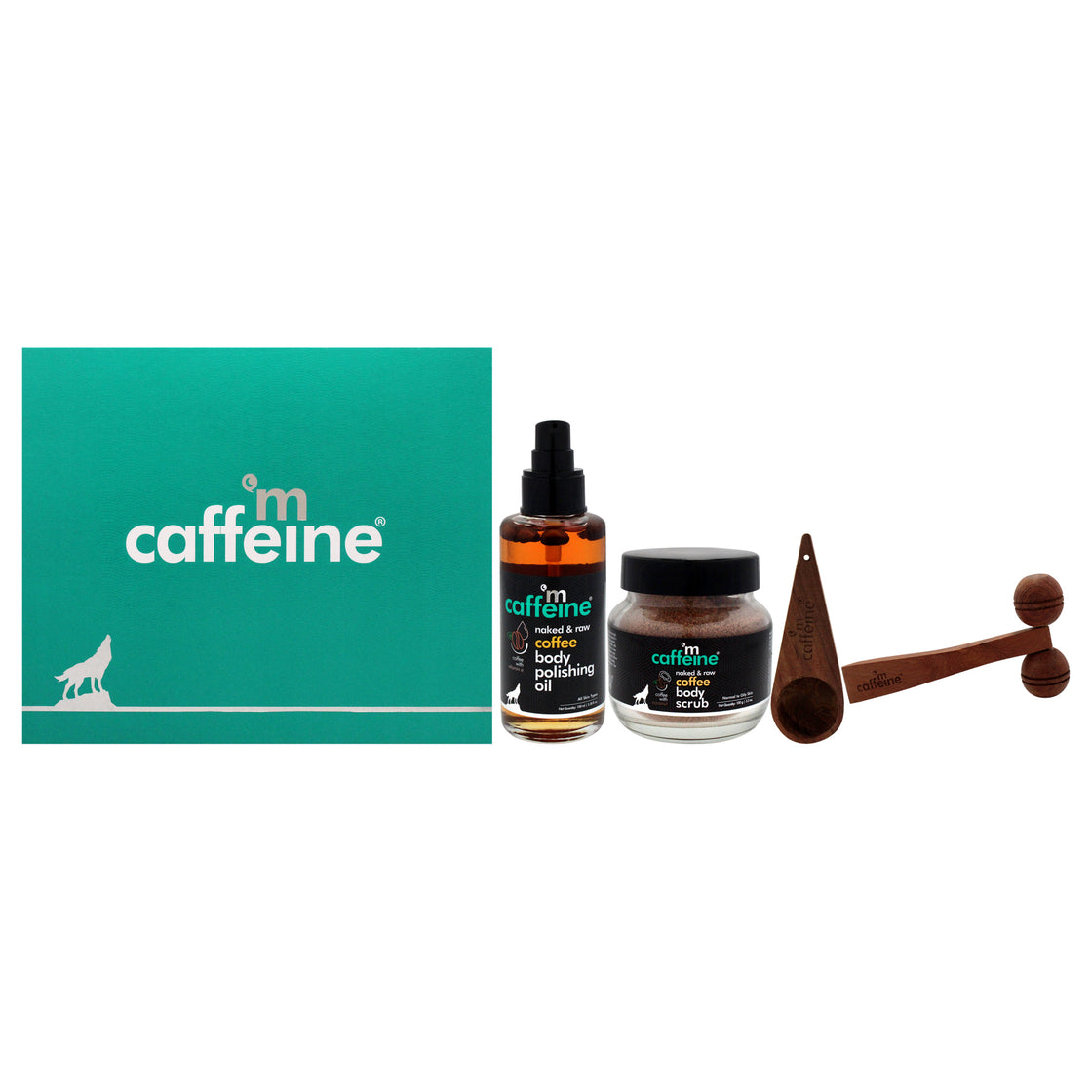 Coffee De-stress Gift Kit by mCaffeine for Unisex - 4 Pc 3.38oz Naked and Raw Coffee Body Polishing Oi, 3.5oz Naked and Raw Coffee Body Scrub - Coconut, Brew Scoop, Wooden Massager