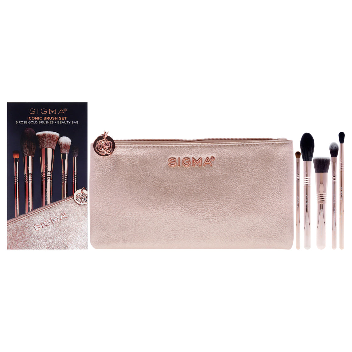 Iconic Brush Set - Rose Gold by SIGMA for Women - 6 Pc Flat Kabuki Brush - F80, Spotlight Duster Brush - F37, Diffused Crease - E38, Medium Sweeper Brush - E54, High Cheekbone Highlighter Brush - F03, Bag