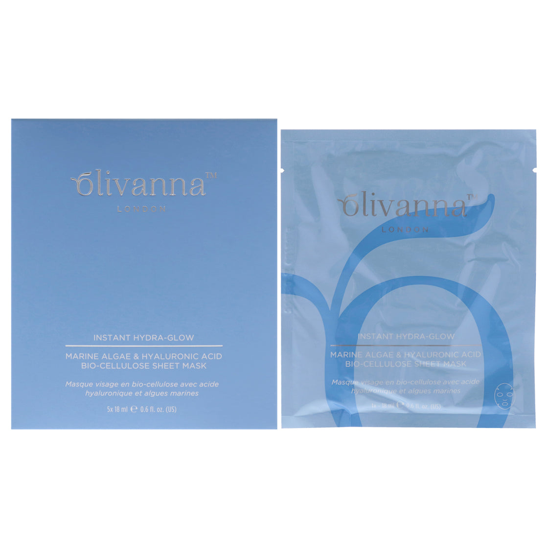 Instant Hydra-Glow Marine Algae And Hyaluronic Acid Bio-Cellulose Sheet Mask by Olivanna for Women - 5 x 0.6 oz Mask