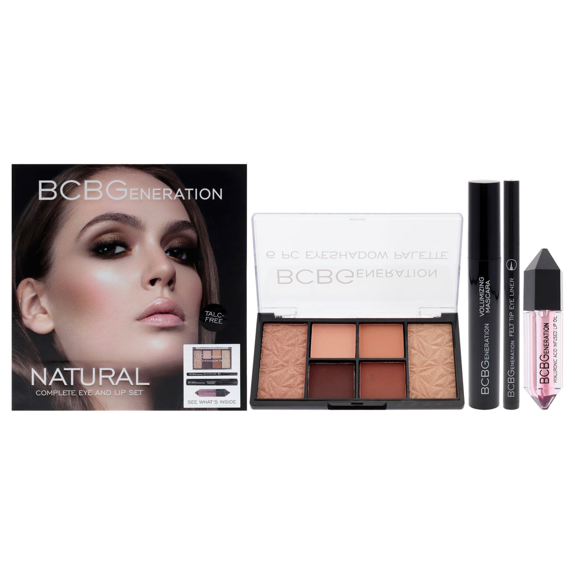 Natural Complete Eye and Lip Set by BCBGeneration Cosmetics for Women - 4 Pc 0.38oz Eyeshadow Palette, 0.04oz Felt Tip Eyeliner, 0.27oz Volumizing Mascara, 0.20oz Hyaluronic Acid Infused Lip Oil