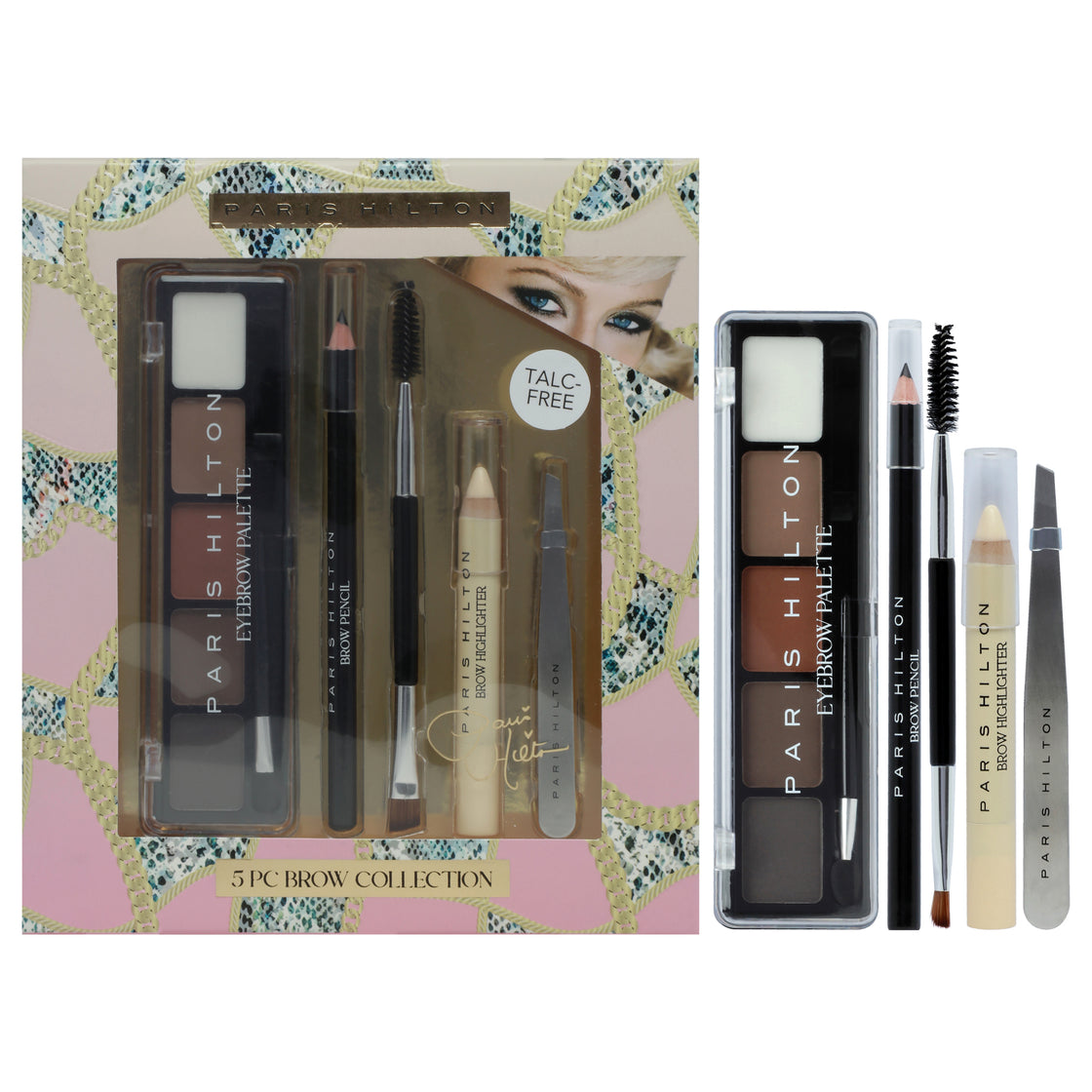 Brow Collection Set by Paris Hilton Cosmetics for Women - 5 Pc 0.20oz Eyebrow Palette, 0.04oz Brow Pencil, 0.11oz Brow Highlighter, Angled Brush and Spoolie, Tweezer