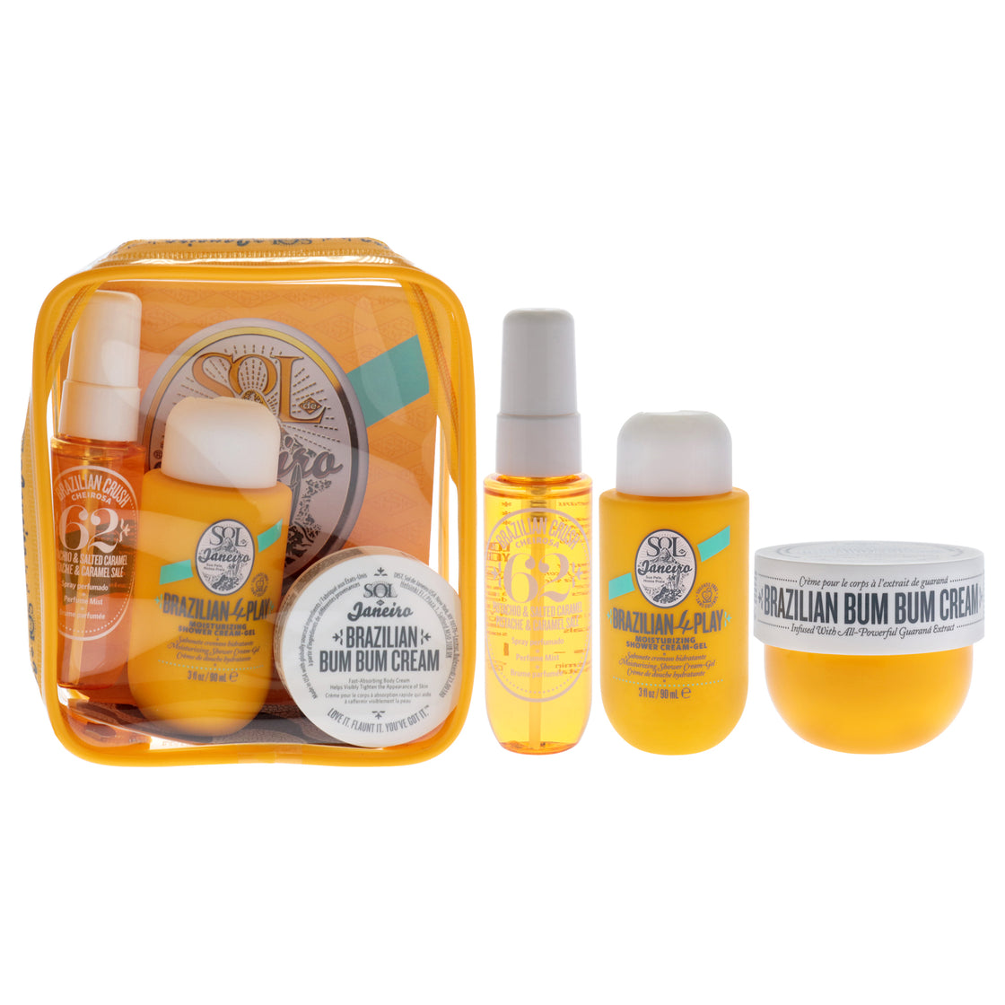 Bum Bum Jet Set by Sol de Janeiro for Unisex - 3 Pc 1oz Brazilian Crush Cheirosa 62 Perfume Mist, 1.5oz Brazilian Bum Bum Cream, 3oz Brazilian 4 Play Moisturizing Shower Cream-Gel