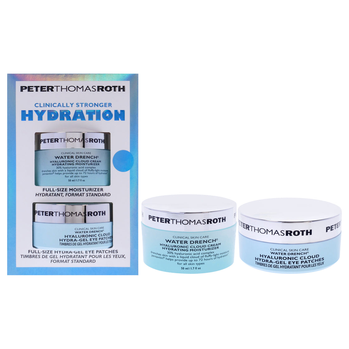 Clinically Stronger Hydration Kit by Peter Thomas Roth for Unisex - 2 Pc 1.7oz Water Drench Hyaluronic Cloud Cream Hydrating Moisturizer, 30 Count Water Drench Hyaluronic cloud Hydra-Gel Eye Patches