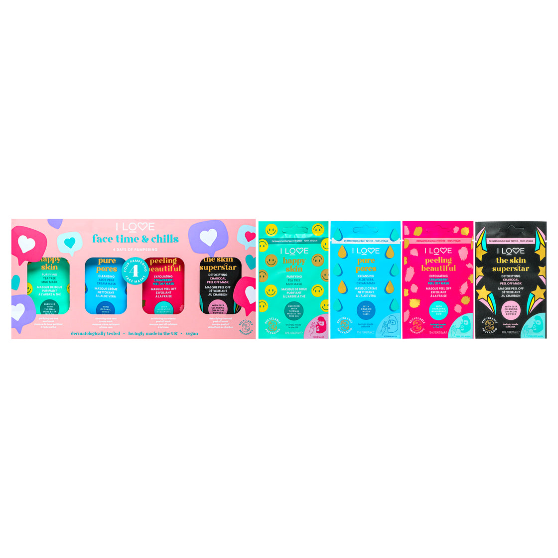 Face Time and Chills Face Mask Set by I Love Cosmetics for Women - 4 Pc 0.34oz Happy Skin Mask, 0.34oz Pure Pores Mask, 0.34oz Peeling Beautiful Mask, 0.34oz The Skin Superstar Mask