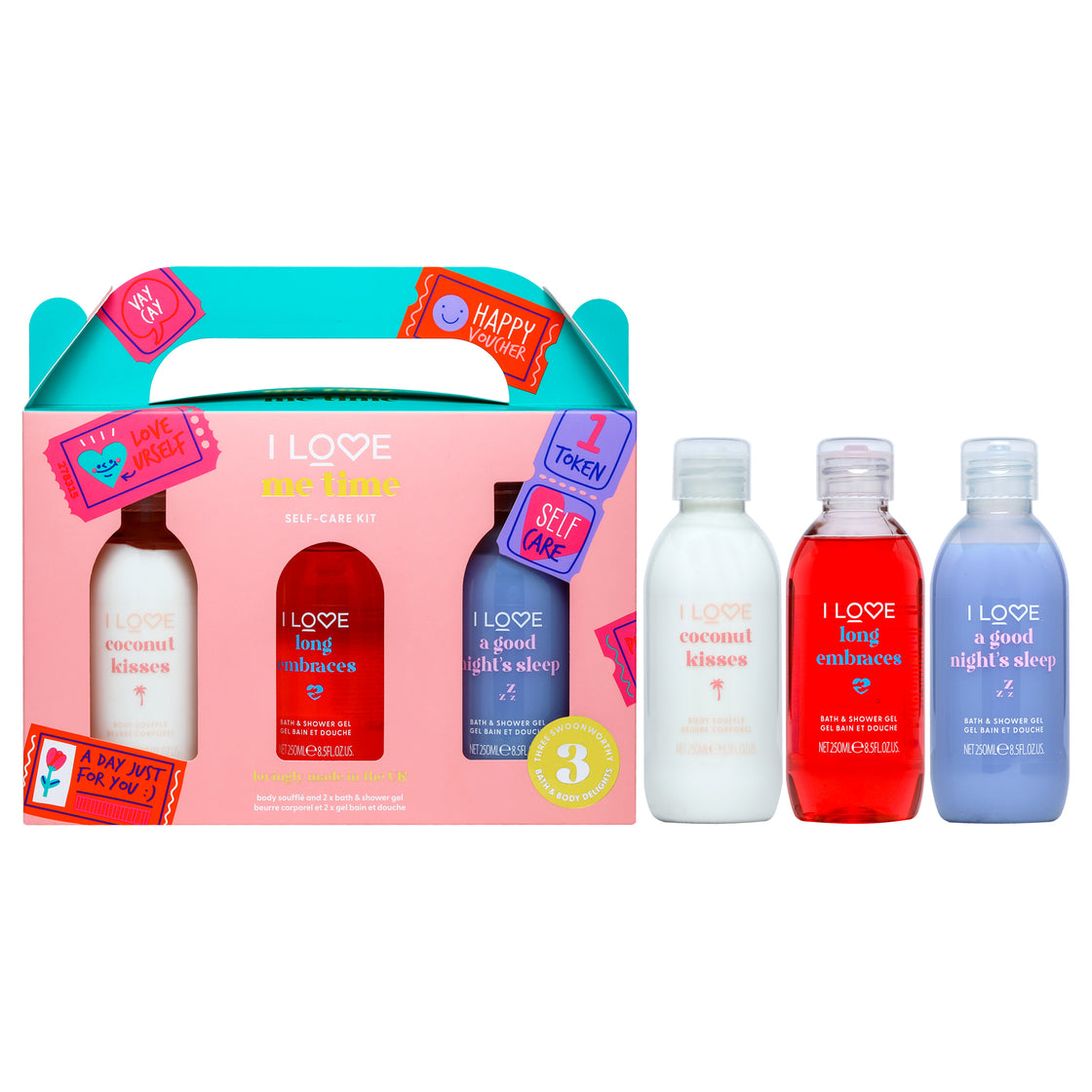 Me Time Self-Care Kit by I Love Cosmetics for Women - 3 Pc 8.45oz Bath and Shower Gel - Coconut Kisses, 8.45oz Bath and Shower Gel - Long Embraces, 8.45oz Bath and Shower Gel - A Good Nights Sleep