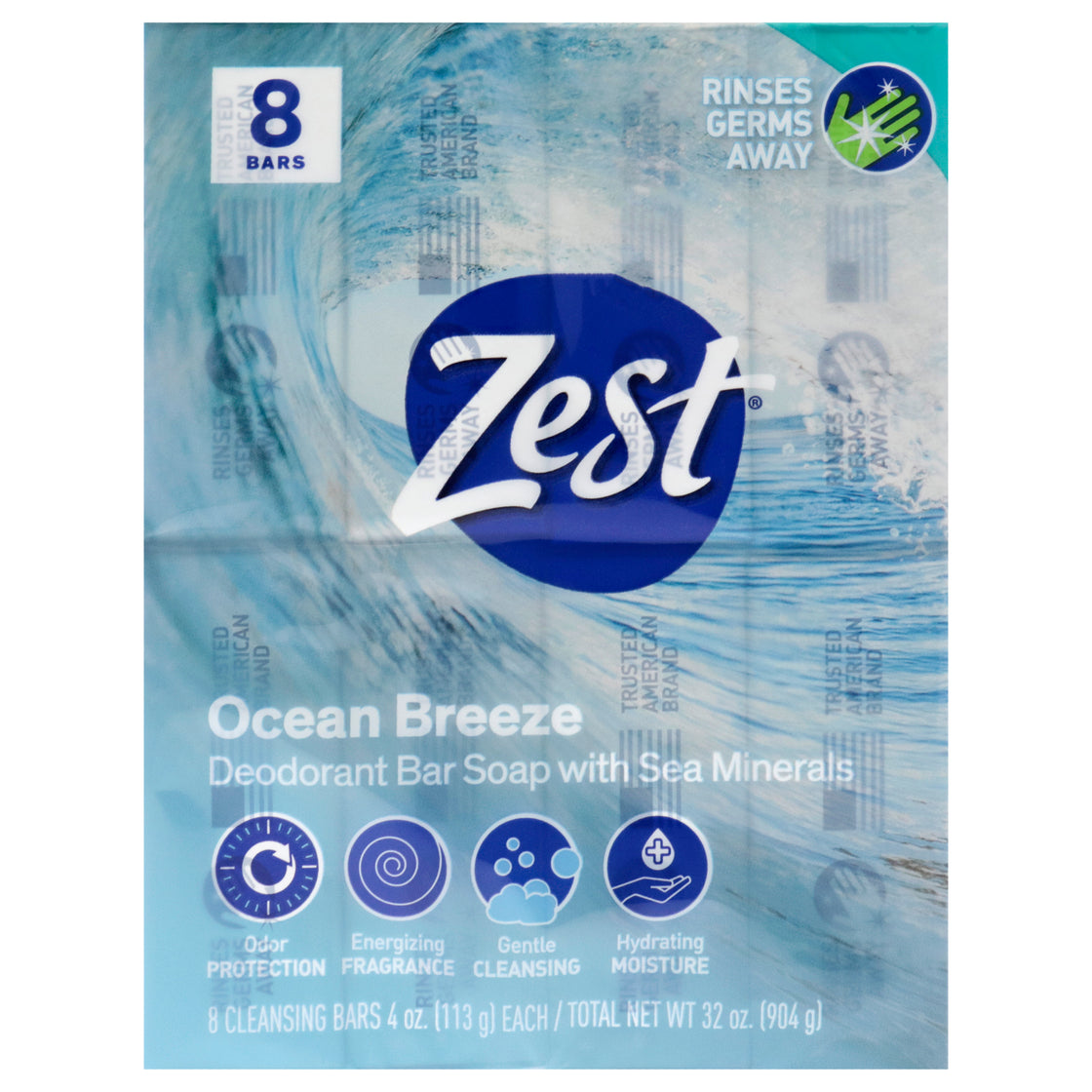 Deodorant Bar Soap - Ocean Breeze by Zest for Women - 8 x 4 oz Bar Soap