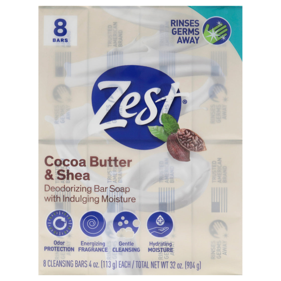 Deodorant Bar Soap - Cocoa Butter and Shea by Zest for Women - 8 x 4 oz Bar Soap