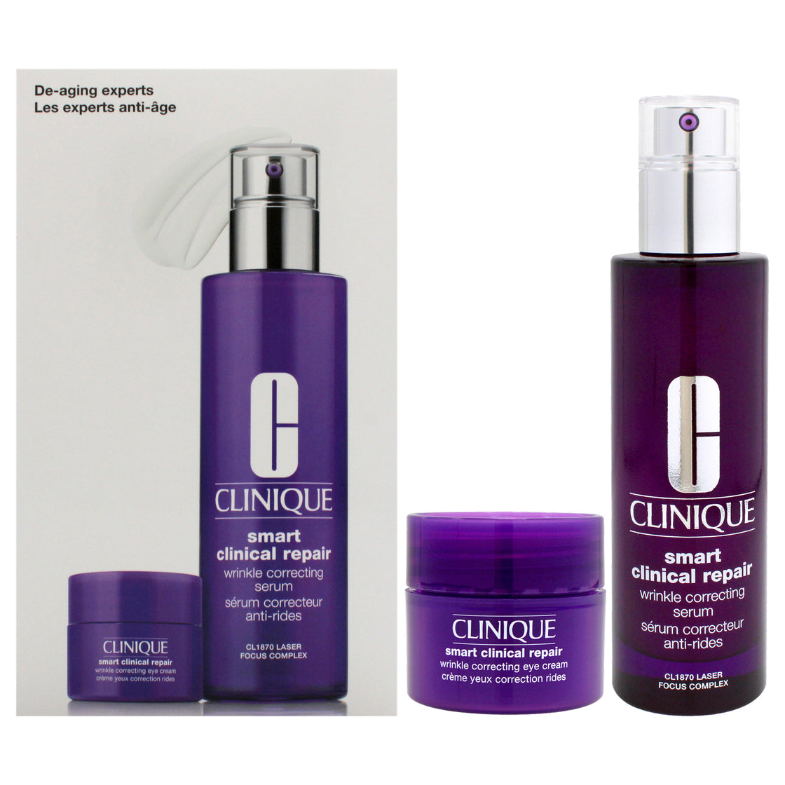 De-Aging Experts by Clinique for Women - 2 Pc 3.4oz Smart Clinical Repair Wrinkle Correcting Serum, 0.5oz Smart Clinical Repair Wrinkle Correcting Eye Cream