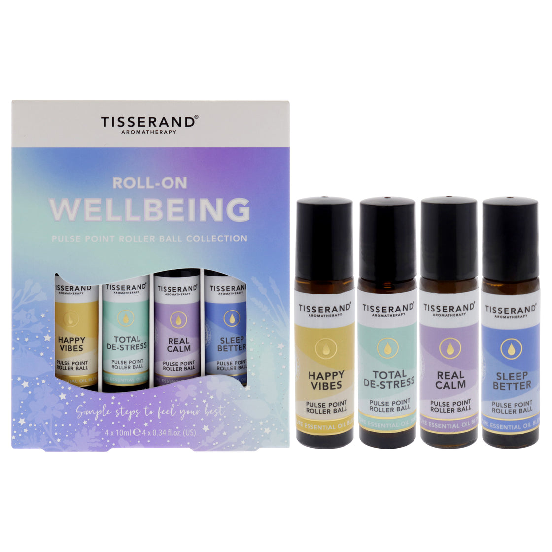 Roll-On Wellbeing Collection by Tisserand for Unisex - 4 Pc 0.34oz Happy Vibes Roller Ball, 0.34oz Total De-Stress Roller Ball, 0.34oz Real Calm Roller Ball, 0.34oz Sleep Better Roller Ball