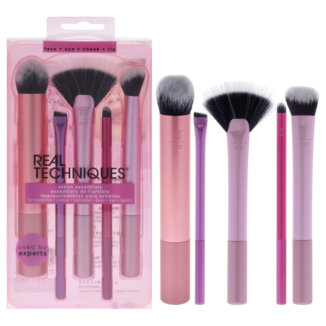 Artist Essentials Set by Real Techniques for Women - 5 Pc Expert Edge Foundation Brush - 217, Smudge Liner Brush - 317, Spotlight Fan Brush - 420, Lip Smudge Brush - 425, Soft Accent Brush - 421