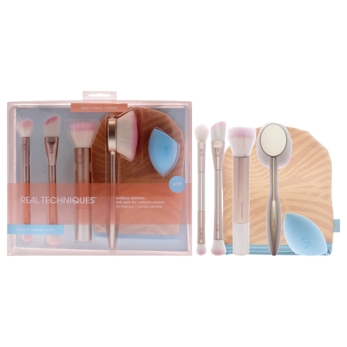 Endless Summer Makeup Brush Set by Real Techniques for Women - 8 Pc Foundation Brush - 209, Highlighter Brush - 413, Setting Brush - 402, Deluxe Crease Brush - 300, Glow Brush - 248, Complexion Brush - 247, Sunless Tanning Mitt