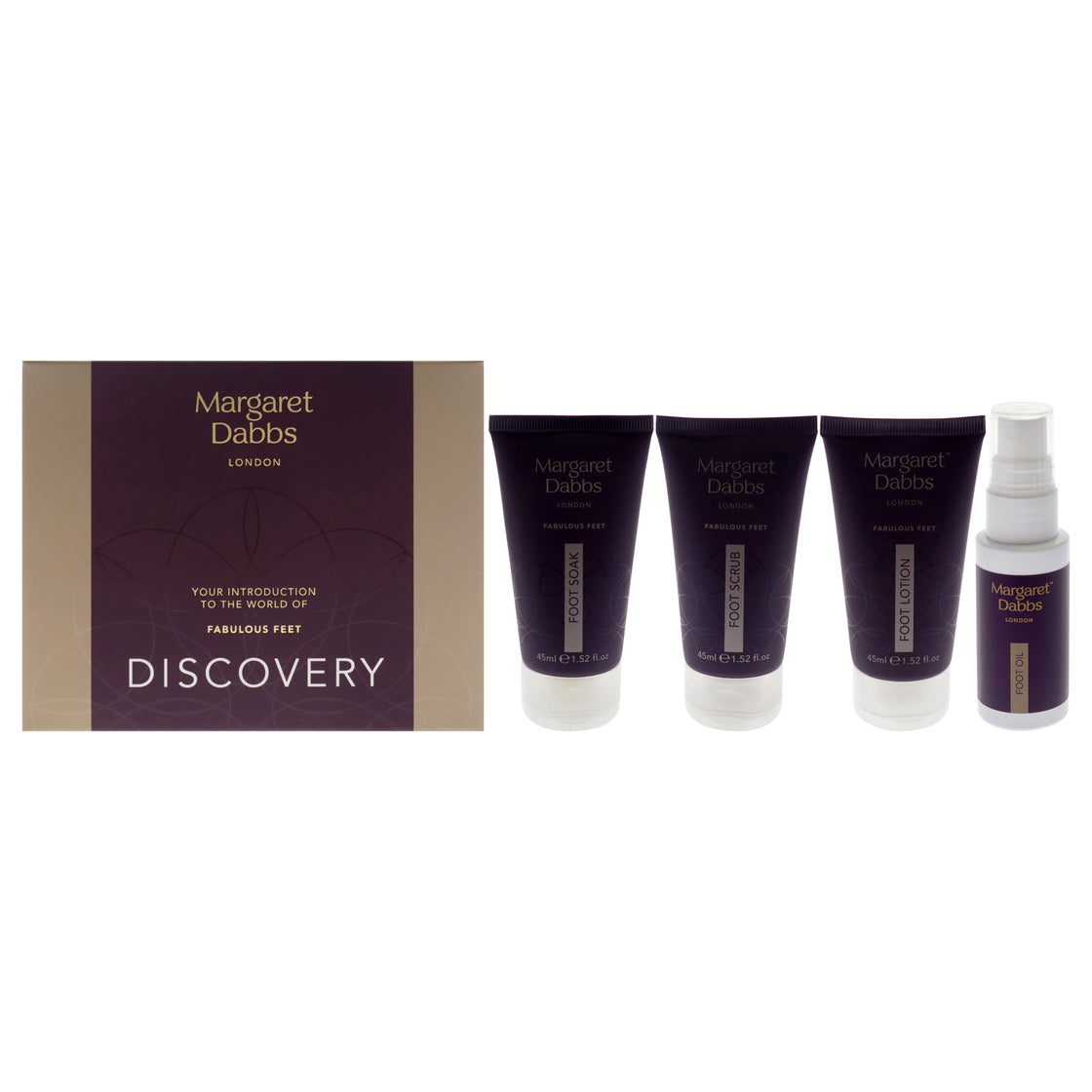 Feet Discovery Kit by Margaret Dabbs for Unisex - 4 Pc 1.52oz Hydrating Foot Soak, 1.52oz Exfoliating Foot Scrub, 1.52oz Intensive Hydrating Foot Lotion, 1oz Intensive Treatment Foot