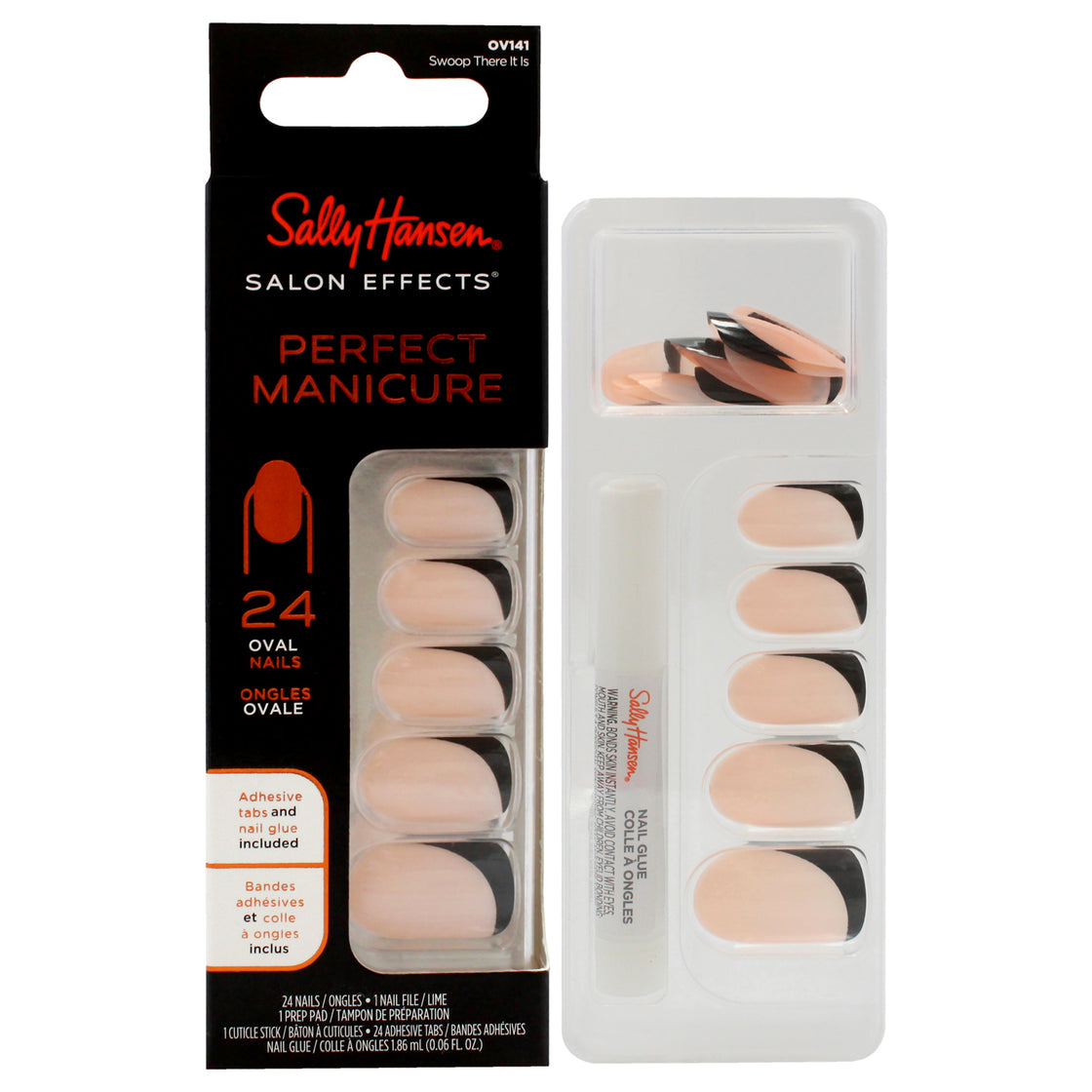 Salon Effects Perfect Manicure Oval Nails - OV141 Swoop There It Is by Sally Hansen for Women - 52 Pc 24 Nails, 24 Adhesive Tabs, Nail File, Pre Pad, Cuticle Stick, 0.06oz Nail Glue