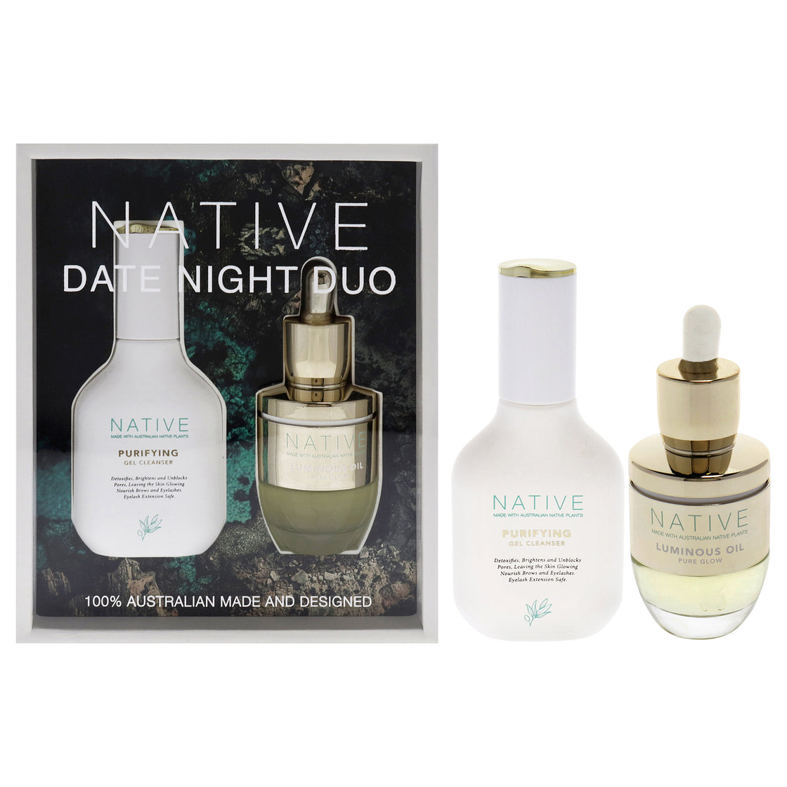 Native Date Night Duo by Klara for Women - 2 Pc 1.35oz Purifying Gel Cleanser, 1oz Luminous Oil Pure Glow