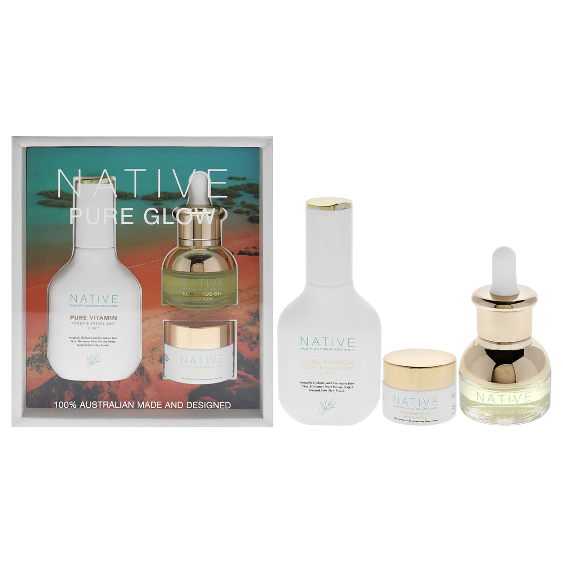 Native Pure Glow Kit by Klara for Women - 3 Pc 1.35 Pure Vitamin Toner and Facial Mist, 0.5oz Vitamin Rich Moisturizer, 0.5oz Luminous Oil Pure Glow