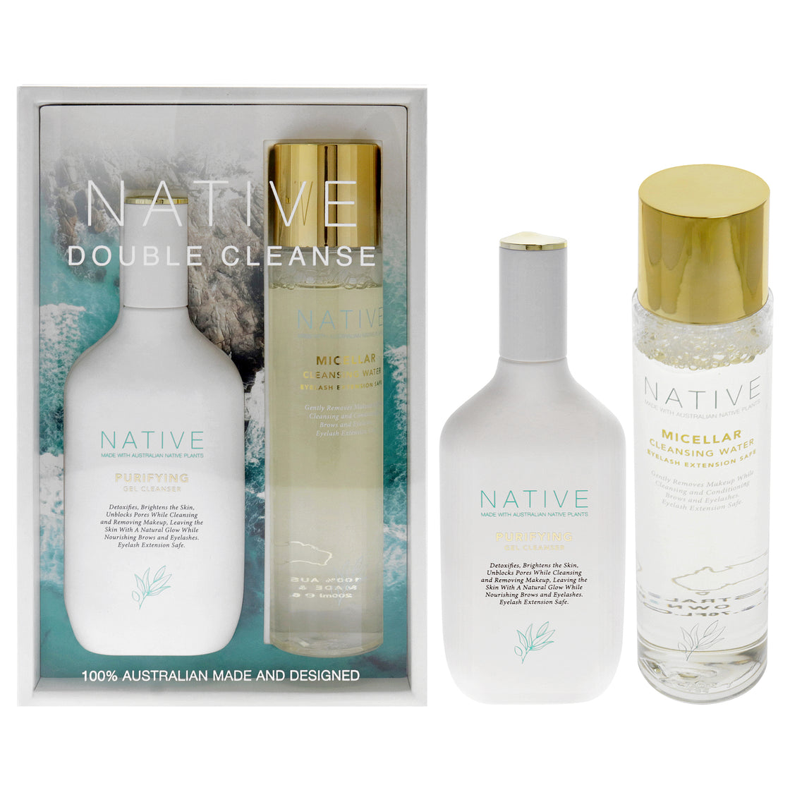 Native Double Cleanse Kit by Klara for Women - 2 Pc 4.05oz Purifying Gel Cleanser, 6.76oz Native Micellar Water