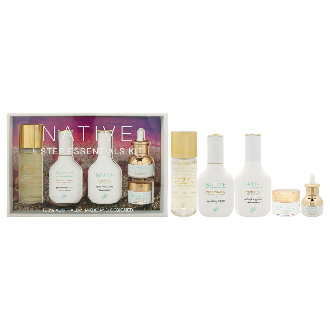 Native 5 Step Essentials Kit by Klara for Women - 5 Pc 3.4oz Micellar Cleansing Water All In One, 1.4oz Pure Vitamin Toner and Facial Mist, 1.4oz Purifying Gel Cleanser, 0.5oz Gold Serum Pure Vitamin Brightening, 0.5oz Vitamin-Rich Moisturizer