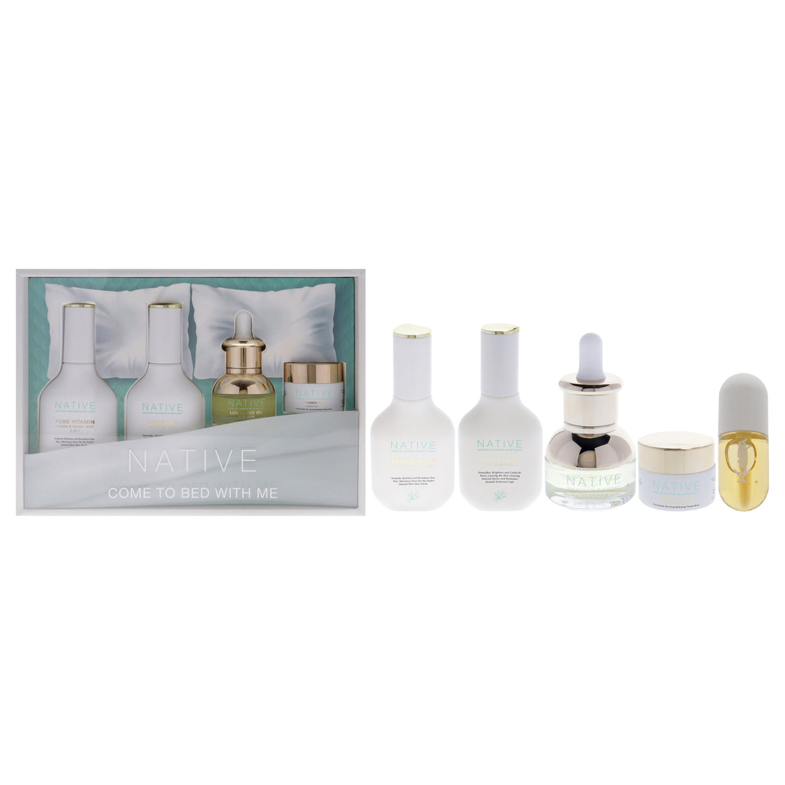 Native Come To Bed With Me Kit by Klara for Women - 4 Pc 1.35oz Pure Vitamin Toner and Facial Mist, 1.35oz Purifying Gel Clenaser, 0.5oz Luminous Oil Pure Glow, 0.5oz Vitamin Rich Moisturizer