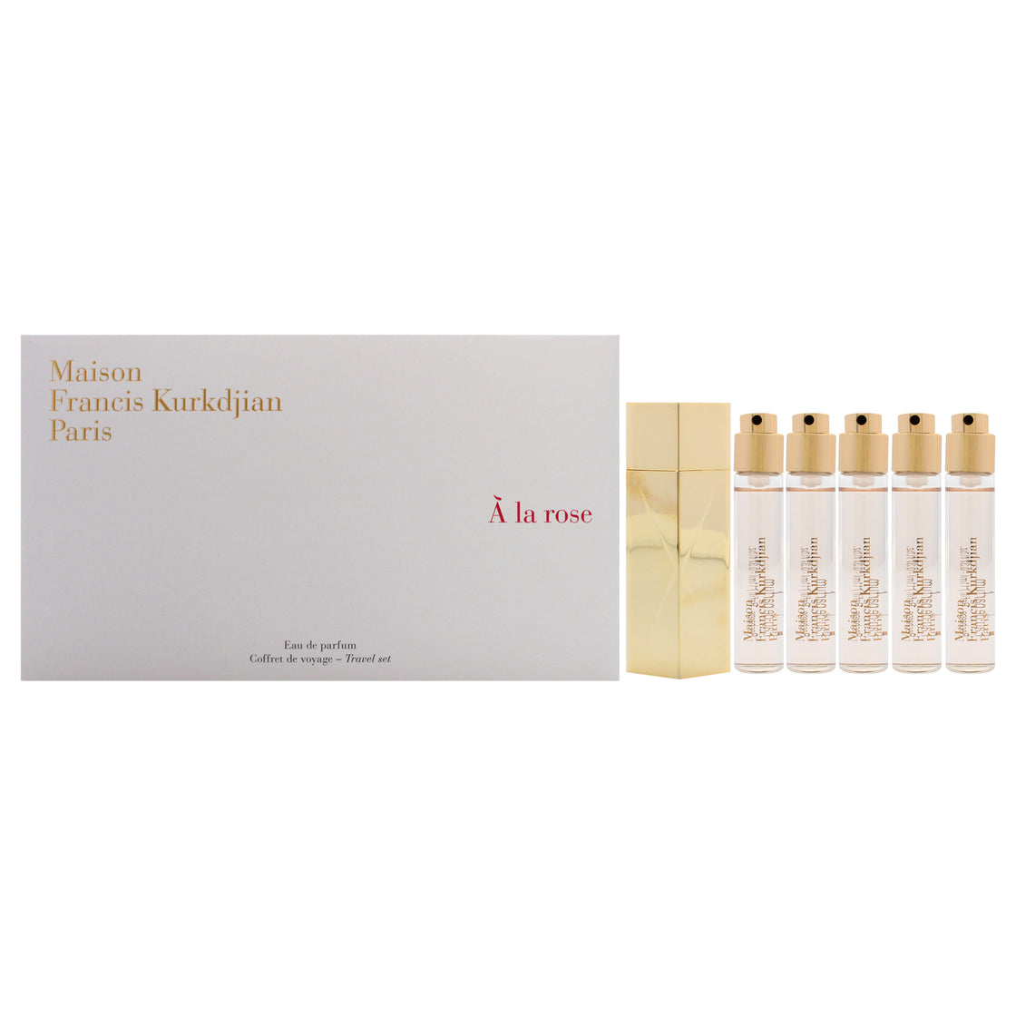 A La Rose Travel Set by Maison Francis Kurkdjian for Women - 6 Pc Gift Set 5 x 0.37 EDP Spray (Refill), Case Gold (Empty)