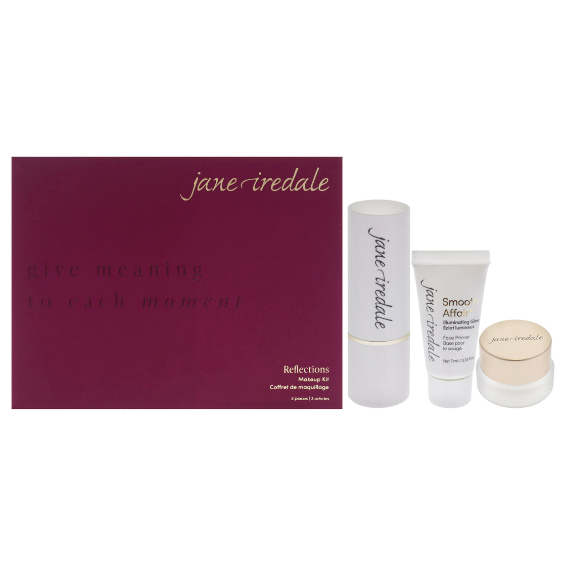 Reflections Makeup Kit by Jane Iredale for Women - 3 Pc Gift Set 0.26oz Glow Time Highlighter Stick - Solstice, 0.03oz 24-Karat Gold Dust, 0.24oz Smooth Affair Illuminating Glow Face Primer Mini