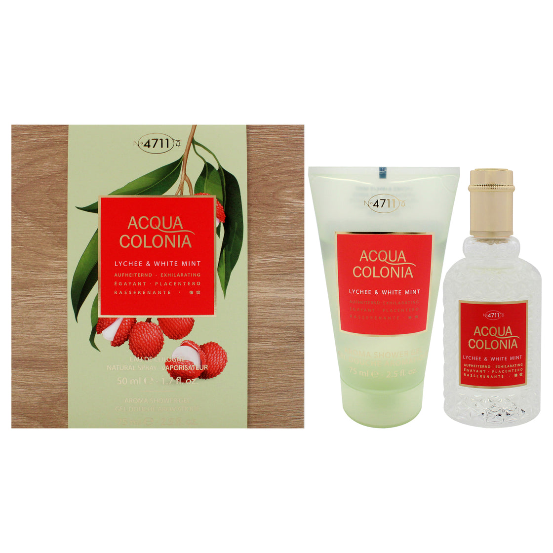 4711 Acqua Colonia Lychee and White Mint by Muelhens for Unisex - 2 Pc Gift Set 1.7oz EDC Spray, 2.5oz Shower Gel