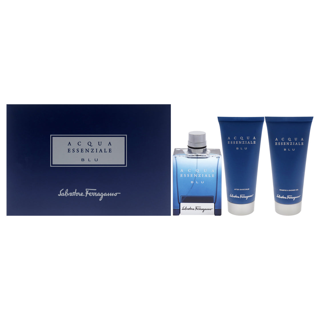 Acqua Essenziale Blu by Salvatore Ferragamo for Men - 3 Pc Gift Set 3.4oz EDT Spray, 3.4oz Shower Gel, 3.4oz After Shave Balm